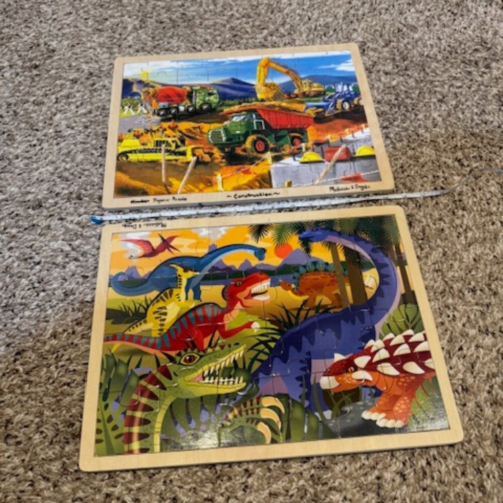 Melissa & Doug Wooden Jigsaw Puzzles, Dinosaurs and Construction Equipment, 2